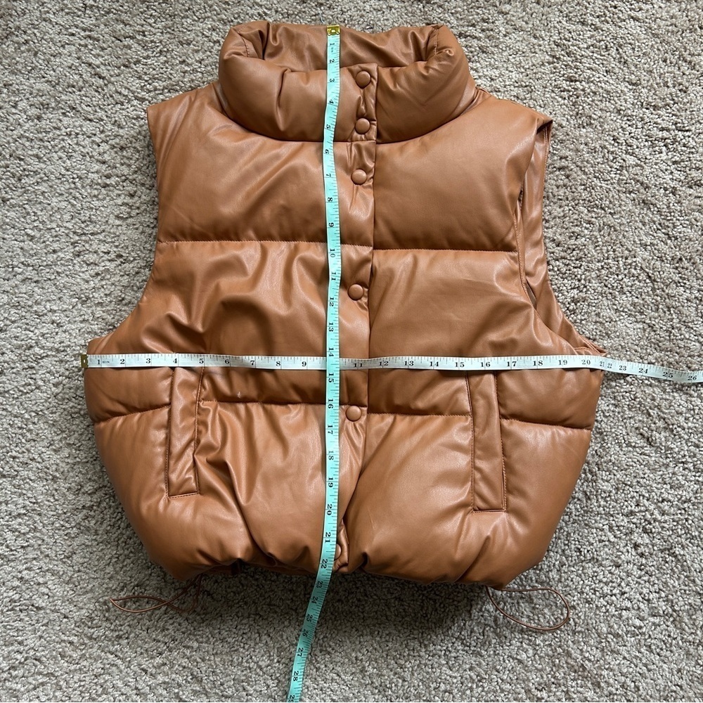 Love Tree Faux Leather Zip Up Adjustable Waist Tan Puffer Vest Size Large - Picture 6 of 13